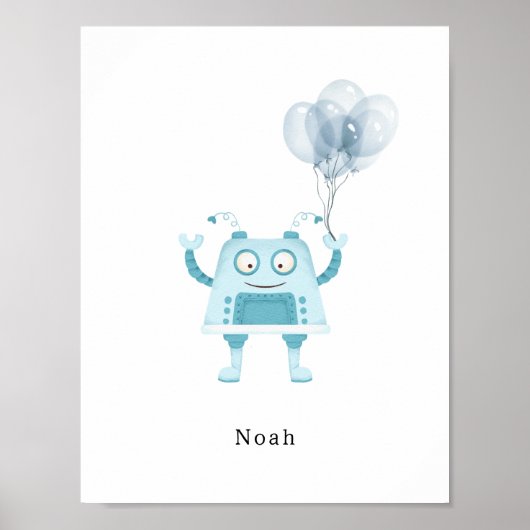 Watercolour Blue Robot With Balloons Name Poster (Voorkant)