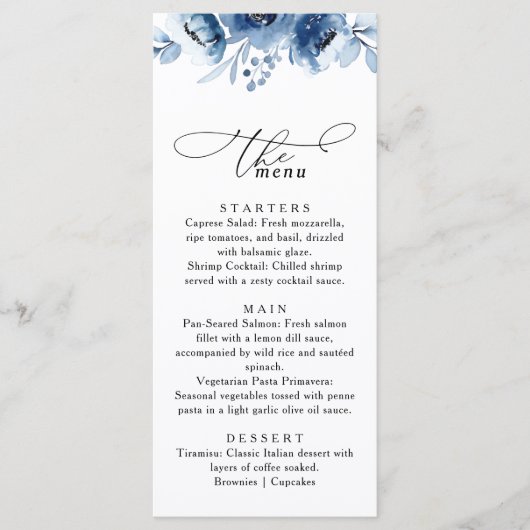 Watercolour Blush Floral Dusty Blue Wedding Menu (Voorkant)