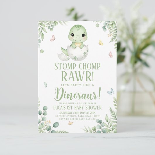 watercolour butterfly Dinosaur Baby Shower Kaart (Staand voorkant)