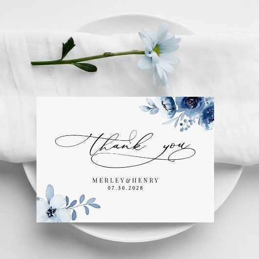 Watercolour Dusty Blue Floral Elegant Wedding Bedankkaart