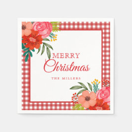 Watercolour Flowers Red Gingham Rustic Christmas Servet