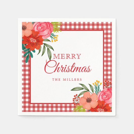 Watercolour Flowers Red Gingham Rustic Christmas Servet (Voorkant)