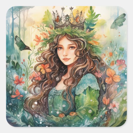 Watercolour Forest Princess Vierkante Sticker (Voorkant)