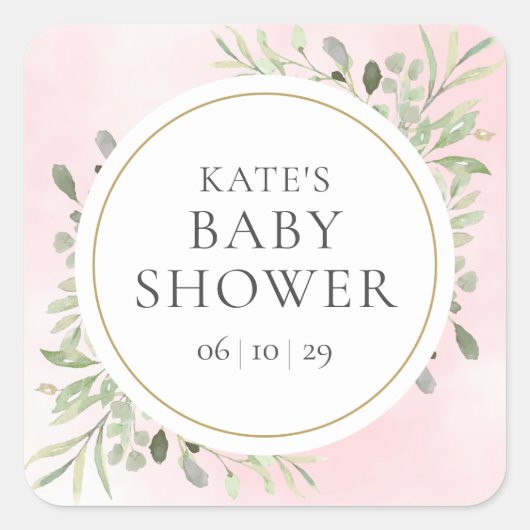 Watercolour Groene Meisje Roze Baby Shower Vierkante Sticker (Voorkant)