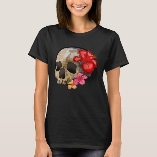 Watercolour hippie gothic skull hibiscus floral Ha T-shirt (Voorkant)