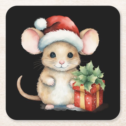 Watercolour Kerst Muis Kartonnen Onderzetters (Voorkant)