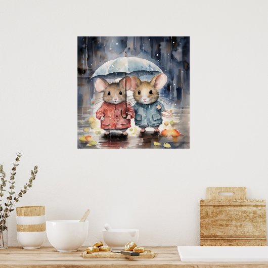Watercolour Mice in The Rain Poster (Keuken)