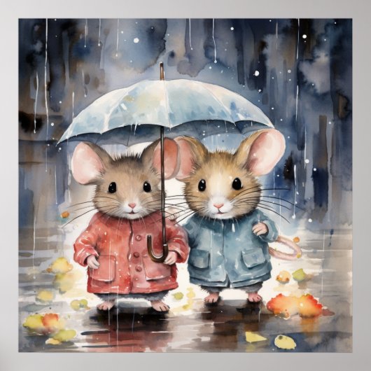 Watercolour Mice in The Rain Poster (Voorkant)