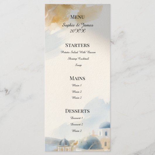 Watercolour Santorini Huwelijksmenu Menu (Voorkant)
