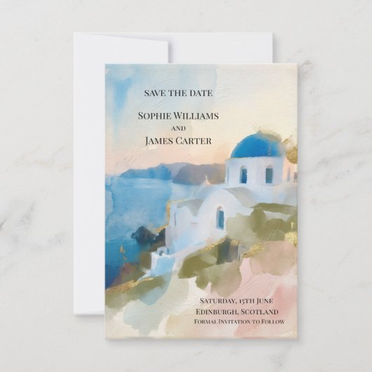 Watercolour Santorini Save The Date Kaart (Voorkant)