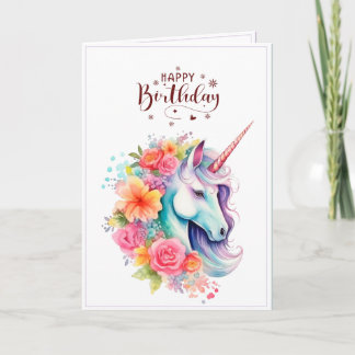 Watercolour Unicorn Floral Happy Birthday Card Kaart