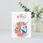 Watercolour Unicorn Floral Happy Birthday PostCard Briefkaart (Staand voorkant)