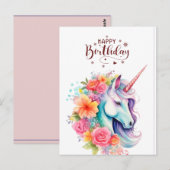 Watercolour Unicorn Floral Happy Birthday PostCard Briefkaart (Voorkant / Achterkant)