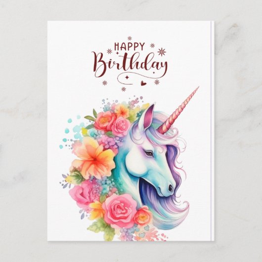 Watercolour Unicorn Floral Happy Birthday PostCard Briefkaart (Voorkant)