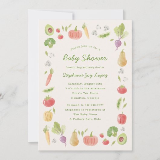 Watercolour Veggies Farmer's Market Baby Shower Kaart (Voorkant)
