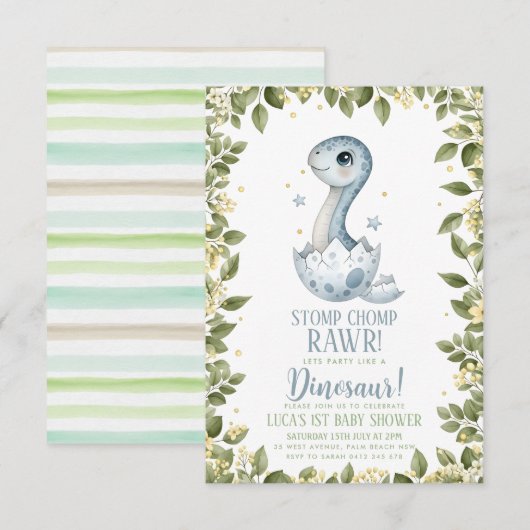 watercolour wildflower Dinosaur Baby Shower Kaart (Voorkant / Achterkant)