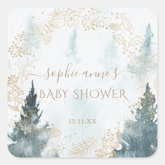 Watercolour Winter Landschap Gouden Baby Shower Vierkante Sticker (Voorkant)
