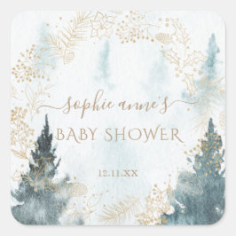 Watercolour Winter Landschap Gouden Baby Shower Vierkante Sticker