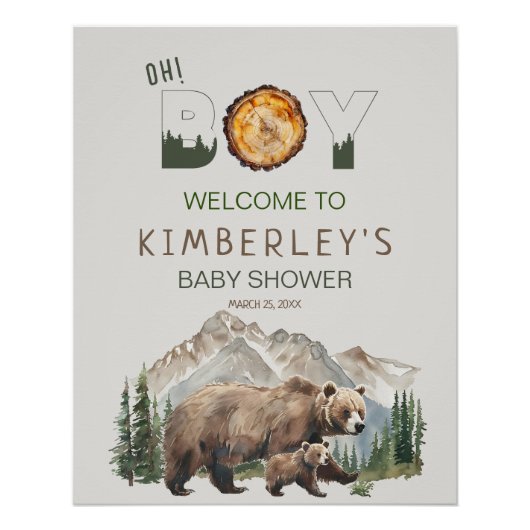 Watercolour Woodland  Oh Boy Bear Baby Shower Perfect Poster (Voorkant)