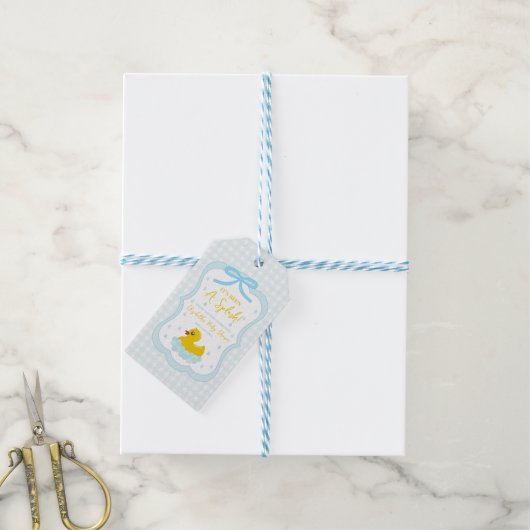 Waterdruppels Gingham Jongens Baby Shower Bedankt Cadeaulabel (Met Touw)
