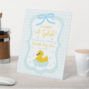 Waterdruppels Gingham Jongens Baby Shower Bedankt Reclamebord Met Voetstuk