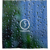 Waterdruppels met  Logo- en tekstschok Douchegordijn (Voorkant)