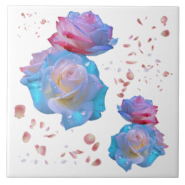 Waterdruppeltjes op Roze & Blauwe Rozen op Wit | Tegeltje