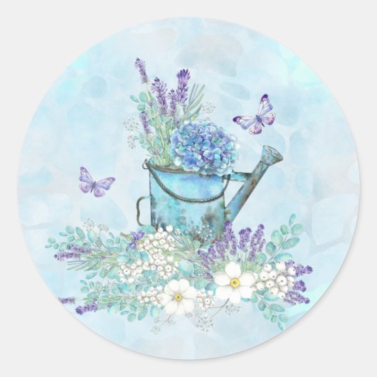 Wateren kan met zomertijd bloemen en vlinders ronde sticker (Voorkant)