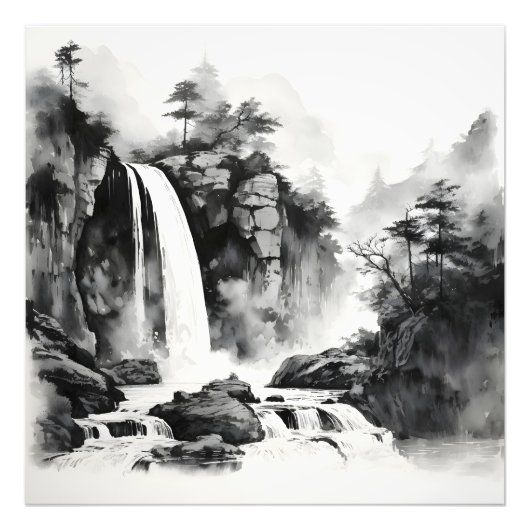 Waterfall Aziatische inkt schilderij Foto Afdruk (Voorkant)