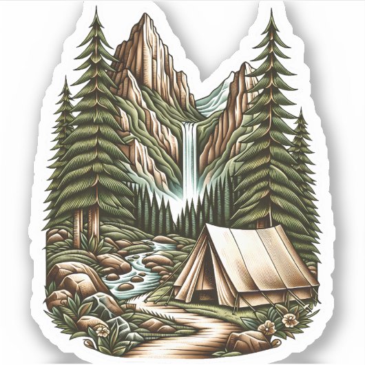 Waterfall Campsite Vinyl Sticker | Die-Cut-Sticker (Voorkant)