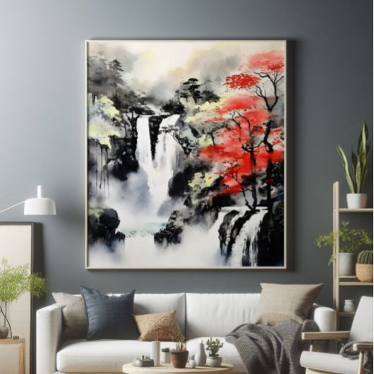Waterfall en Maple Tree Ink Schilderen Foto Afdruk