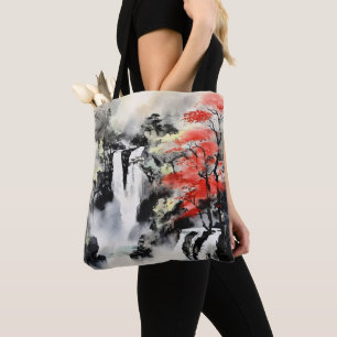 Waterfall en Maple Tree Ink Schilderen Tote Bag