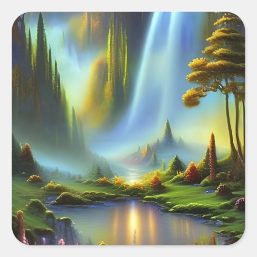 Waterfall Glade Natuur Fantasy Vierkante Sticker (Voorkant)