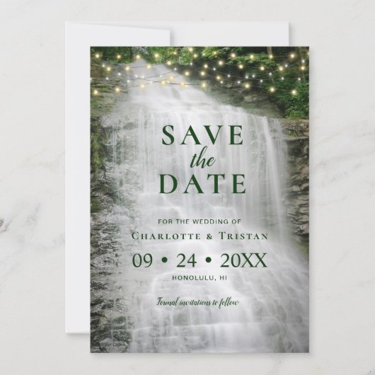 Waterfall String Lights Rustic Forest Wedding Save The Date (Voorkant)
