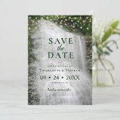 Waterfall String Lights Rustic Forest Wedding Save The Date (Staand voorkant)