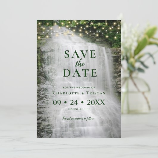 Waterfall String Lights Rustic Forest Wedding Save The Date (Staand voorkant)
