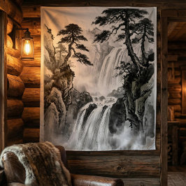 Waterfall Tapestry | Black & White Mountain Art Wandkleed