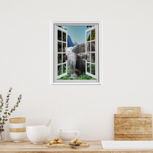 Waterfall Trompe l'oeil Effect Faux Window Uitzich Poster (Keuken)