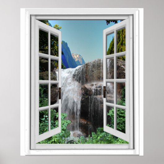 Waterfall Trompe l'oeil Effect Faux Window Uitzich Poster (Voorkant)