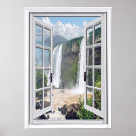 Waterfall Uitzicht Trompe l'oeil Faux Window Poster
