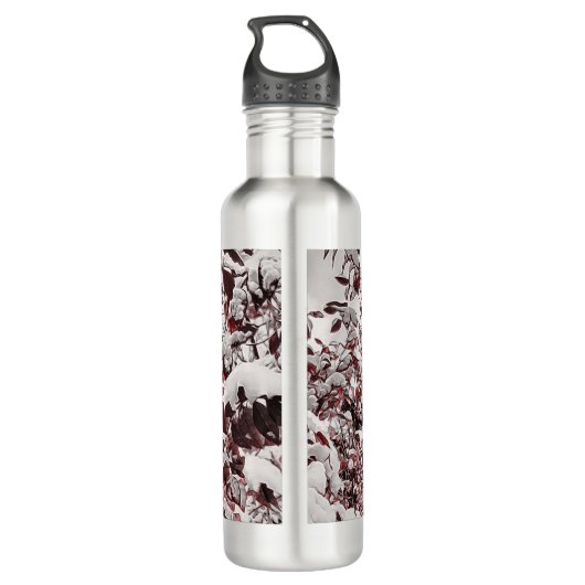 Waterfles verse sneeuw op rode bladeren (Achterkant)