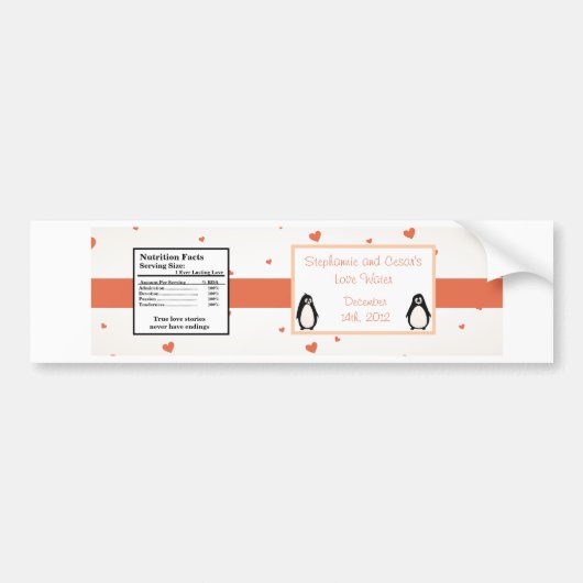 Waterflesetiket Pinguïn Liefde/Harten Peach Bumpersticker (Voorkant)