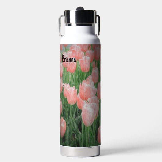 Waterflesje met geverfde roze tulpen waterfles (Voorkant)
