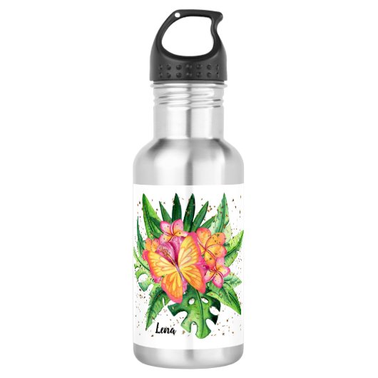 Waterflesje met Oranje bloemen en vlinder Waterfles (Voorkant)