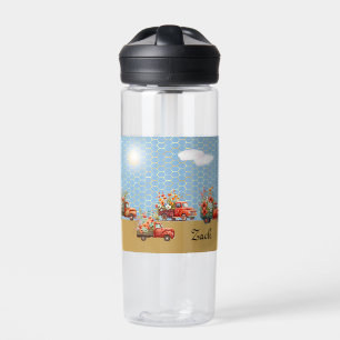 Waterflesje met vrachtwagens en bloemen waterfles