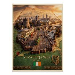 Waterford Ierland 3D kaart illustratie poster
