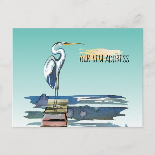 Waterfront Dock Great Blue Heron Aqua Nieuw adres Aankondigingskaart (Voorkant)