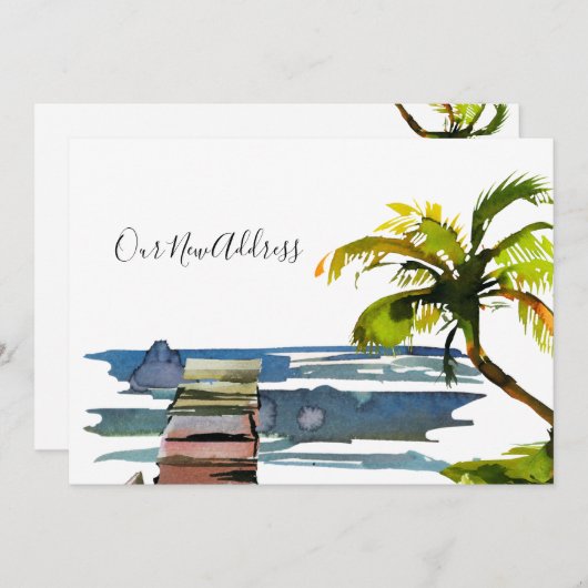 Waterfront Dock Palm Tree Nieuw adres Aankondiging (Voorkant / Achterkant)