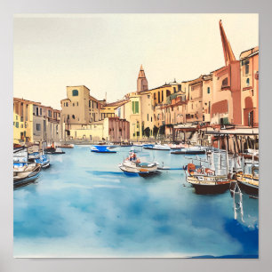 Waterfront en boten in de haven, Italiaans Poster