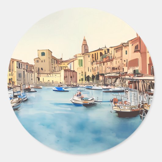Waterfront en boten in de haven, Italiaans Ronde Sticker (Voorkant)